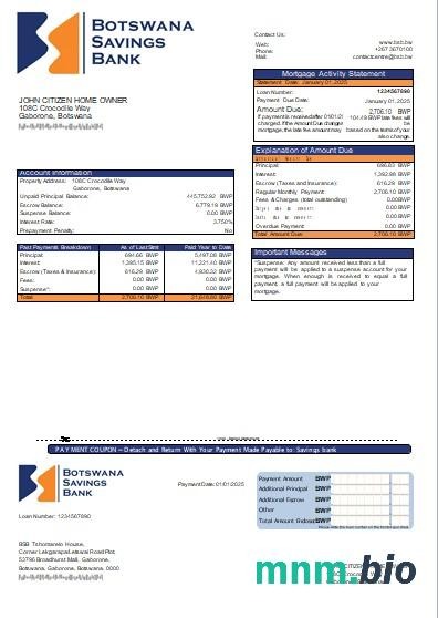 Botswana Bank Oszczędnościowy wyciąg z kredytu hipotecznego szablon Word i PDF